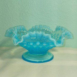 Vintage Fenton Hobnail Blue Opalescent Ruffle Top Dish